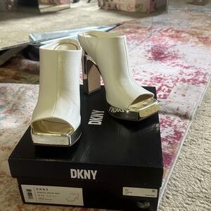 DKNY Cream Peep Toe Heels with Silver Accents